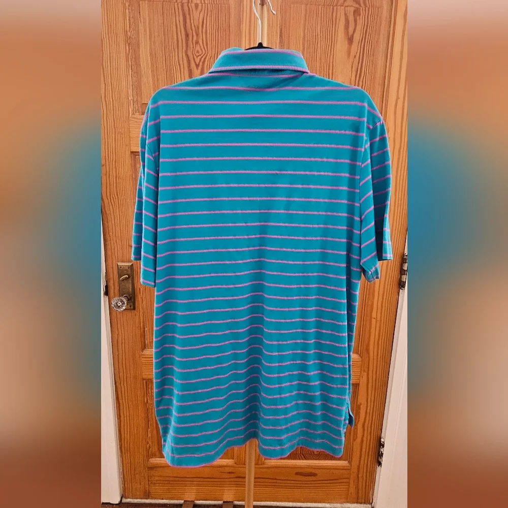 Polo Golf Ralph Lauren Teal Blue and Pink Striped Polo Shirt Size Large